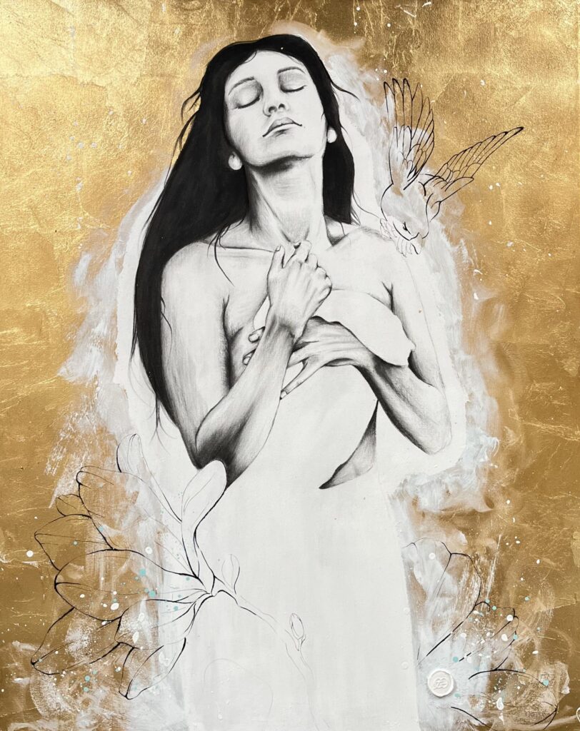 Bild Homcoming Frau gezeichnet auf goldenem Hintergrund mit Blumen Lineart und Vogel Lineart Nadine Elsner