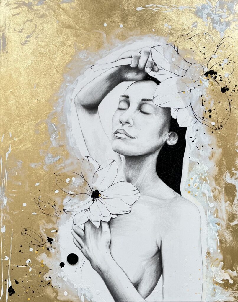 Bild The Dog Days are over Frau gezeichnet ein Arm über Kopf mit Blume und einer vor Bauch mit Blume auf goldenem Hintergrund Nadine Elsner