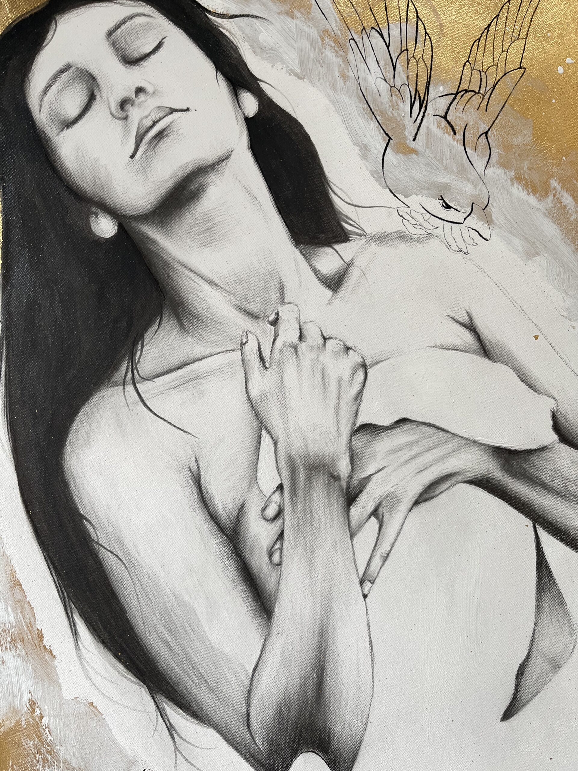 Detailbild Homecoming Frau mit Vogel in Lineart gezeichnet auf goldendem Hintergrund Nadine Elsner