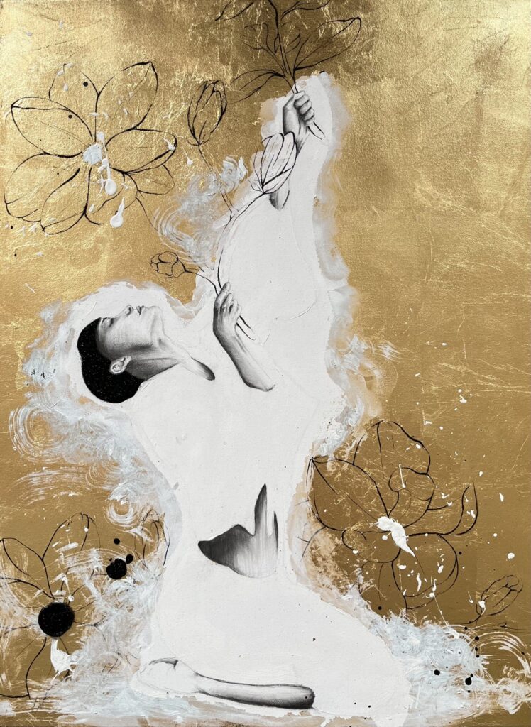 Bild Courage beats the old familiar von Nadine Elsner Frau gezeichnet hockend wie mit Pfeil und Bogen aber mit Blumen in den Händen auf goldenem Hintergrund