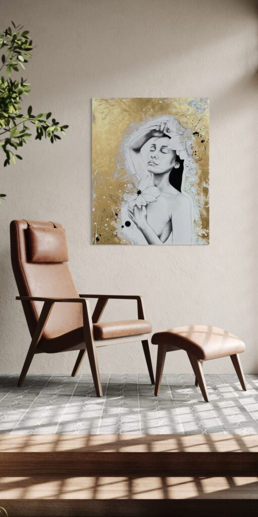 Raumbeispiel Bild Dog Days neben großem Fenster über Ledersessel Nadine Elsner