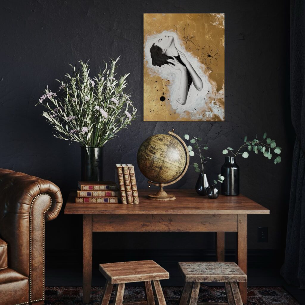 Raumbeispiel starke Wurzeln über rustkialem Tisch in dunklem Raum Nadine Elsner